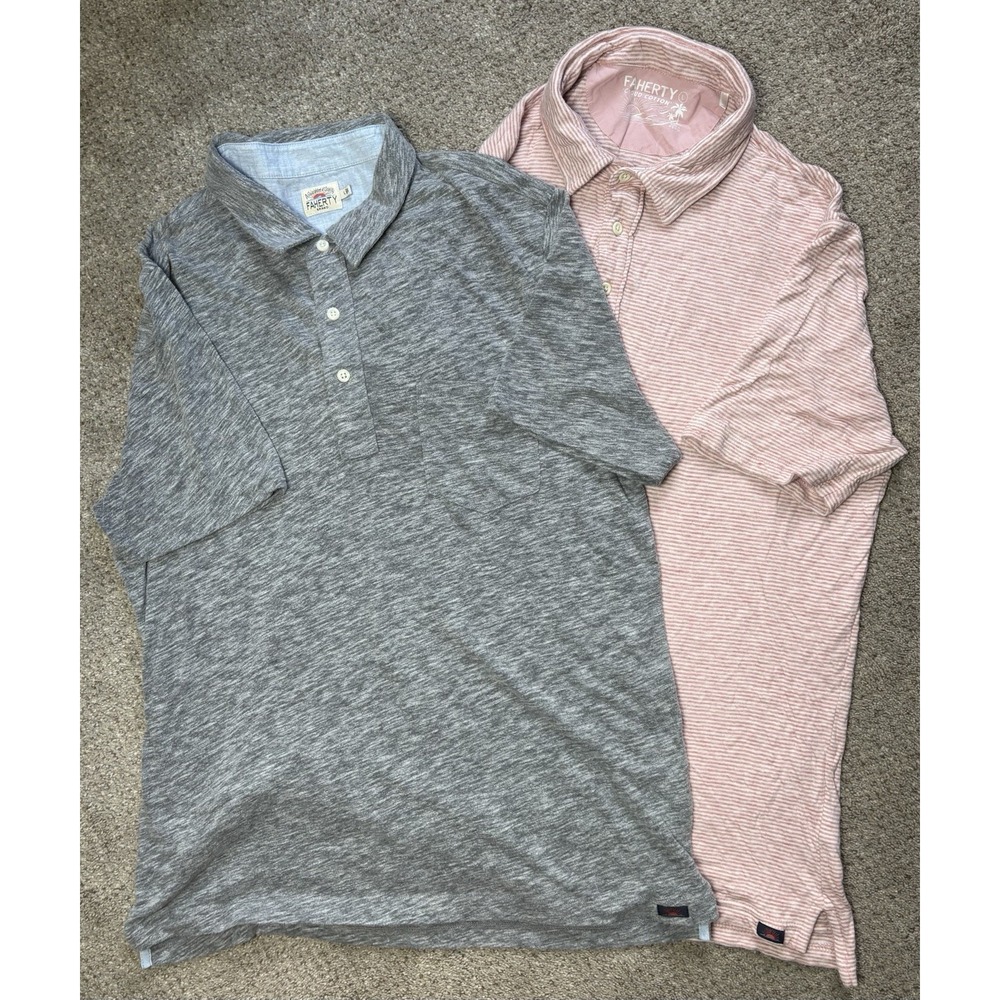 Lot Of 2 Faherty Mens Polo Shirts Large Cloud Cotton Pink And Gray Solid Striped